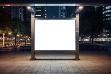 Empty white billboard on bus stop at night. Mock up