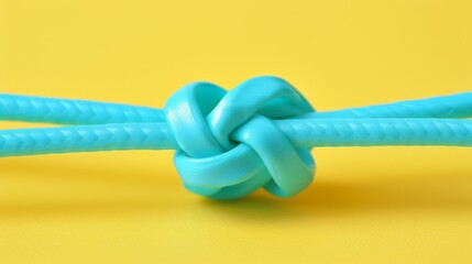   A blue rope, knotted atop, against a yellow backdrop Shadow cast from knot's edge above