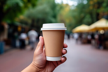 Hand holding paper cup of coffee on blurred background of coffee shop.