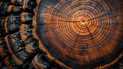   A tight shot of a tree trunk split vertically, featuring a circular cut in its midsection