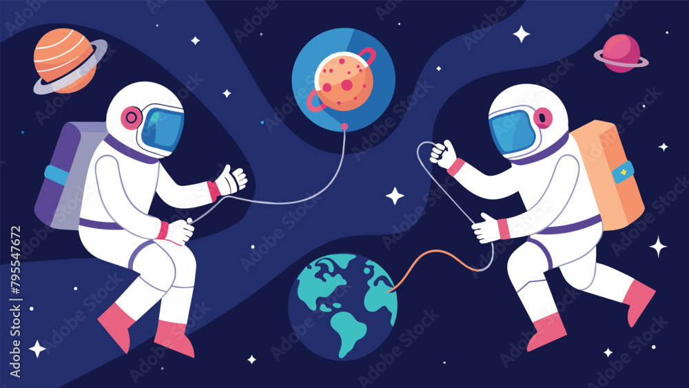 Aufkleber two astronauts floating in space communicating through their neural devices as they work together to