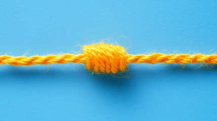   A tight knot atop a yellow rope against a blue backdrop, with a light blue hue as its surrounding context