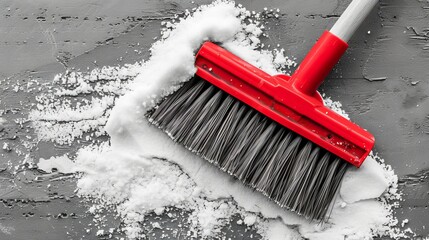   A brush in red hue sits atop a mound of pristine white snow, resting upon a gray floor blanketed with the same wintry precipitation