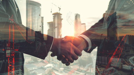 A group of people are shaking hands in a cityscape. Concept of professionalism and collaboration - obrazy, fototapety, plakaty