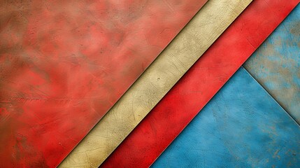   A tight shot of a red, blue, and yellow wall segment, featuring a clock on its adjacent side - obrazy, fototapety, plakaty
