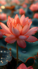 Serene Water Lilies with Dew Drops in Ethereal Light - obrazy, fototapety, plakaty