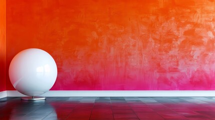   A room features a red wall, with a white ball positioned on the floor In front of this, there's a red-orange wall