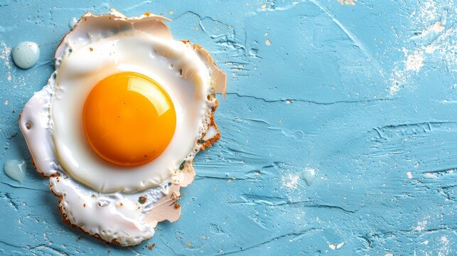   A fried egg atop a slice of bread against a blue backdrop, surrounded by paint splatters, with an empty hole in its eggshell