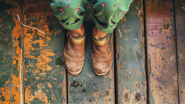   A tight shot of worn boots on a weathered wood floor, speckled with paint droplets