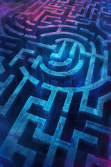A labyrinthine maze of interconnected pathways and portals, illuminated blue and magenta colors. 