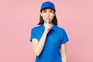 Delivery secret girl employee woman wear blue cap t-shirt uniform workwear work as dealer courier...