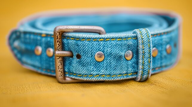   A tight shot of a blue denim dog collar featuring a metal buckle atop