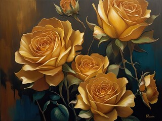 An oil painting abstract with golden roses