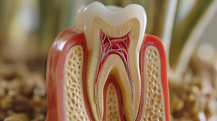 Intricate Cross Section Model of a Human Tooth with Detailed Canals and Pulp - obrazy, fototapety, plakaty