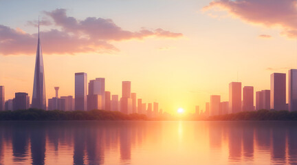 Fototapeta premium City with skyscrapers on the lakeshore during sunset