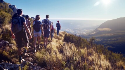 Diverse Group of Friends Hiking on Sunny Mountain Trail with Expansive Valley Views
