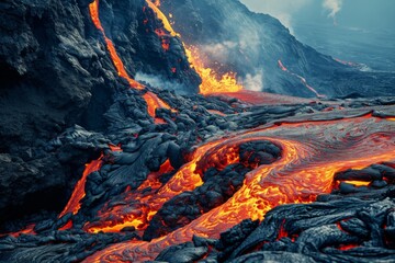 Lava flow flows down the mountain, Frightening dangerous landscape, Ai generated