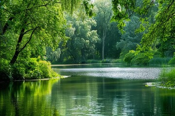 Obraz premium Tranquil scene of a peaceful lake surrounded by lush greenery, offering a moment of serenity
