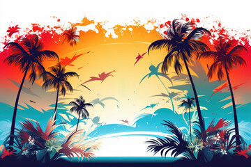 Summer exotic landscape with palm trees on the background of the sky during sunset in the style of vector graphics - obrazy, fototapety, plakaty