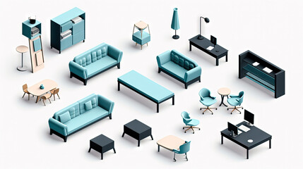Set of isometric office furniture with desk and chair icons. - 795550054