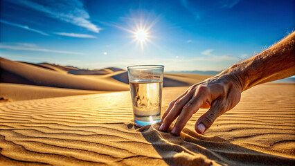 A man's hand reaches for a glass of water in the desert