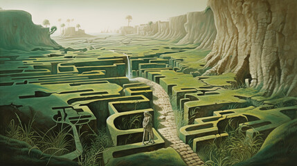 Surreal labyrinth concept with magic maze and ancient pathway. - 795550294