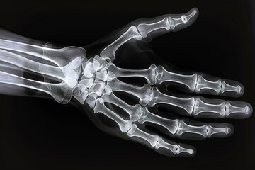 Film, x ray or hand or isolated for medical graphic, surgery or injury with healthcare. Radiography, skeleton and anatomy or profile and medicine, inspection of human with scan for fracture of palm - obrazy, fototapety, plakaty