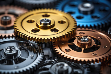 generated illustration of  detailed close-up of collection of gears placed on table.