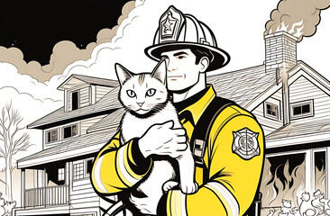 firefighter with a cat - obrazy, fototapety, plakaty