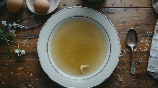 A soup plate of chicken bone broth on a table