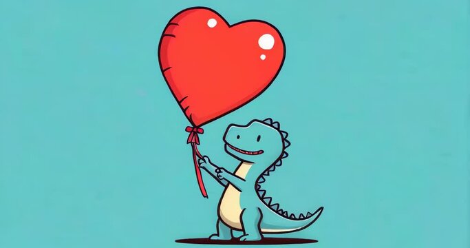 Adorable cartoon dinosaur with a big red heart balloon on teal background, ideal for festive and love themes