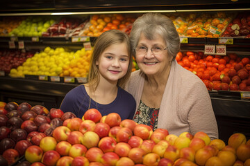 Grocery store scene with grandmother and child picking food in local supermarket.