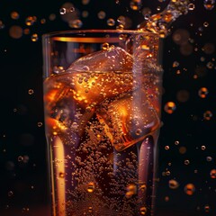 beautiful color A glass of cold fanta with ice, bubbles fizzing up cinematic - obrazy, fototapety, plakaty