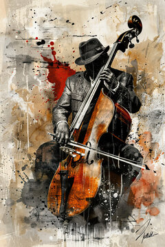 Bass Player Abstract Grunge Background Jazz Poster. Generative AI