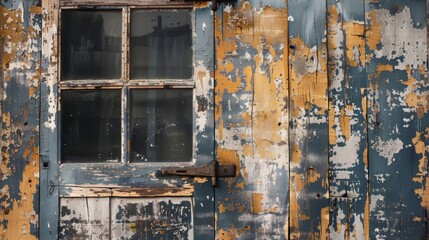 A window with a wooden frame and a door with a rusty lock. The door is in a building with a lot of peeling paint