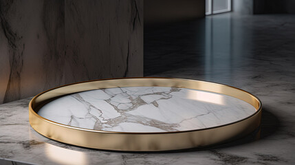 White marble pedestal with gold in the studio room, mockup stand for presentation. - 795551433