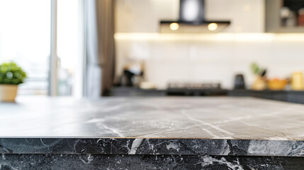 Marble kitchen empty luxury countertop in black, soft focus. Scene showcase template for promotional items, banner. Modern kitchen design