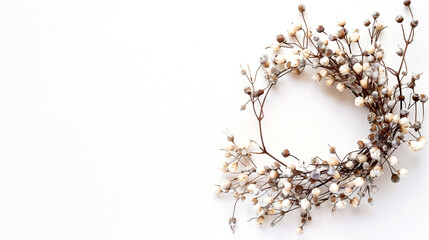 communion wreath on a white background. Delicate flowers arranged on a white table with space for text