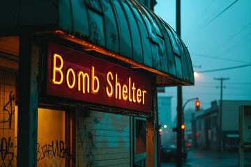 Neon sign 'Bomb Shelter' on urban building entrance during dusk, street lights in background - Powered by Adobe
