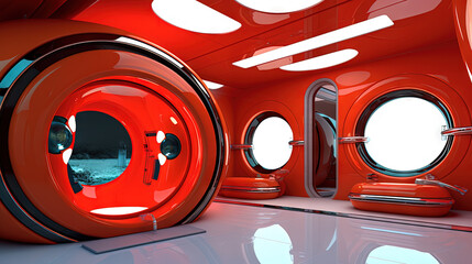 Spaceship or lab interior in retro futuristic sci-fi style with round doors. - 795552224