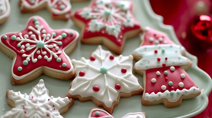 a plate of decorated gingerbread cookies featuring white and red cookies, with a red and white cake