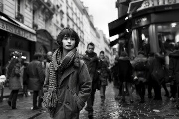 Obraz premium Black and White Image of a Young Boy Standing Alone on a Busy Urban Street, Emphasizing Isolation Amidst the Bustling City Life