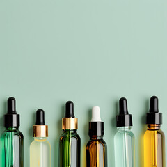 Obraz premium Realistic imagine of different eco cosmetic serum bottles Light green background