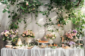 A table with a variety of desserts and flowers, including cakes, tarts, and oranges. The table is set up for a special occasion
