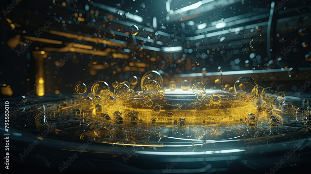 Poster Abstract technology burst with glowing wires and particles in motion. Technology and science dynamic background.
