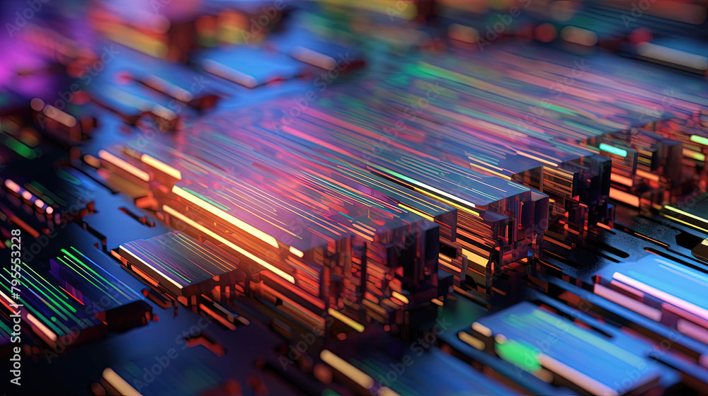 Leinwandbilder abstract motherboard structure with blocks and chips in purple and blue neon lights. technology back