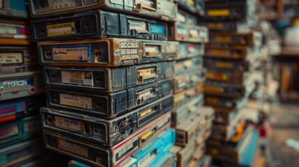 Fototapeta na wymiar Vintage Collection of Cassette Tapes Stacked in Old Shelves, Displaying a Wide Variety of Classic Titles and Genres in a Nostalgic Music Store