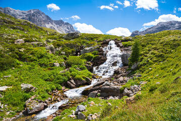 Water stream in French Alps. Peisey valley, Savoie, France. Beautiful nature mountain valley landscape background. Earth beauty, eco-planet, environment and ecology concepts.