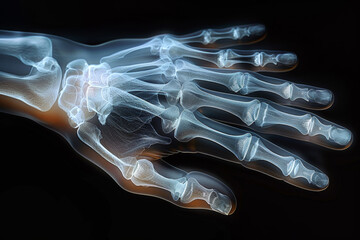 Xray, anatomy and hand with arthritis on film, body pain and skeleton and radiology examination. Joints, electromagnetic radiation and bone image or internal structure, assessment and inflammation - obrazy, fototapety, plakaty