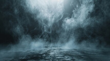 A dark room with a lot of smoke and steam. The room is empty and the smoke is billowing out of the ceiling. Scene is eerie and mysterious - obrazy, fototapety, plakaty